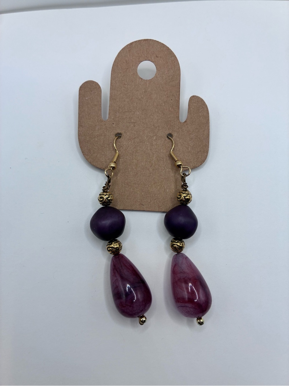 Boutique Purple Beads And Faux Marble Teardrop And Gold Drop Dangle Earrings.